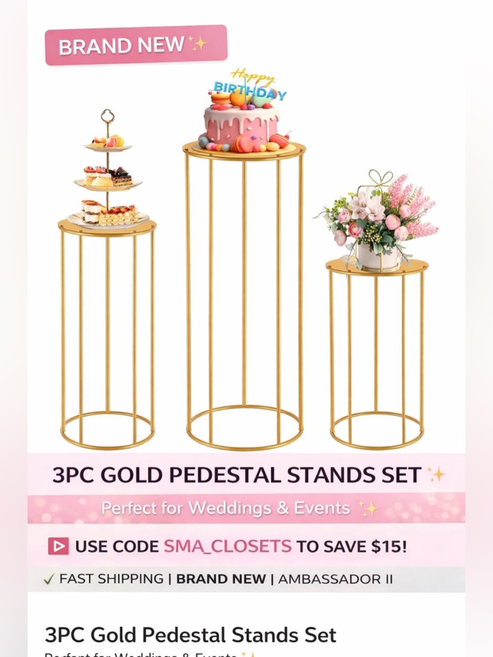 3PC Gold Pedestal Stands Set Hexagon Cylinder Display Party Wedding Decor